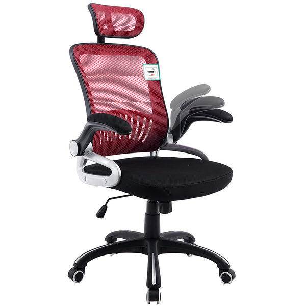 Mesh High Back Extra Padded Swivel Office Chair with Head Support & Adjustable Arms, Red