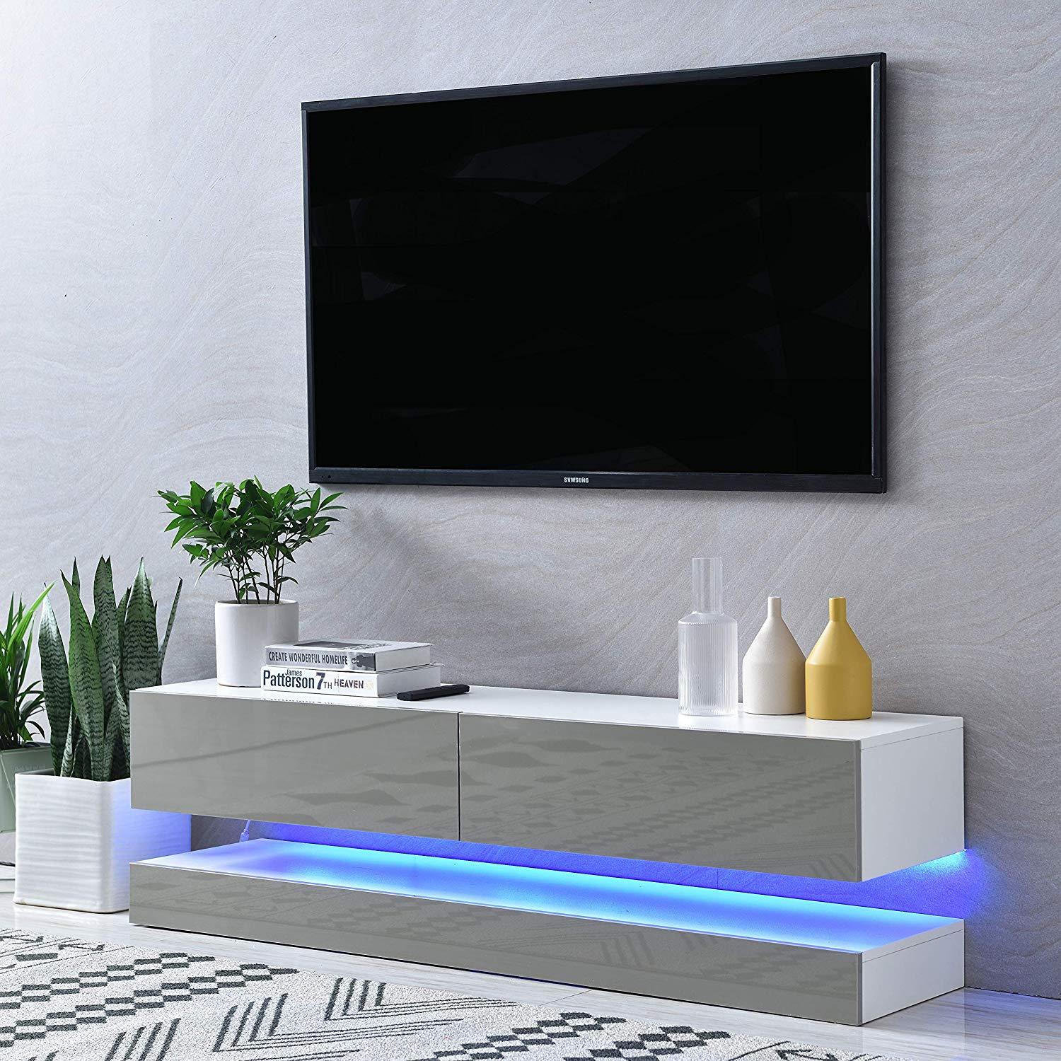 Cherry Tree Furniture MELDAL LED High Gloss TV Stand, TV Unit Cabinet Grey, 138 cm