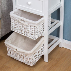 White Wood Bedside Table with 1 Drawer & 2 Wicker Baskets Storage