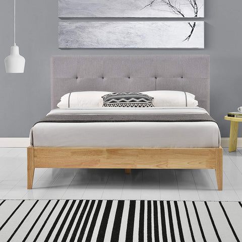 NUSAKAN Grey Linen Fabric & Wood Frame Bed