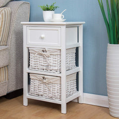 White Wood Bedside Table with 1 Drawer & 2 Wicker Baskets Storage