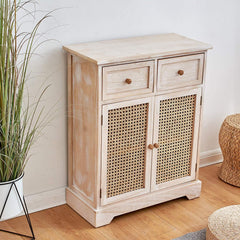 Cherry Tree Furniture REGA Rattan Cane & Paulownia Wood 2-Drawer 2-Door Cabinet Storage Sideboard
