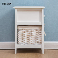 White Wood Bedside Table with 1 Drawer & 1 Wicker Basket Storage