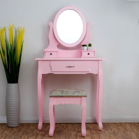 3-Drawer Makeup Dressing Table Set with Stool Oval Mirror & Stool Pink