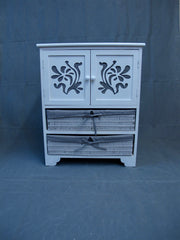 CLEARANCE White Paulownia Wood Sideboard Drawer Chest with Carved Cabinet Doors & Wicker Baskets - Factory Seconds
