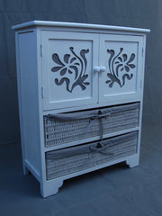 CLEARANCE White Paulownia Wood Sideboard Drawer Chest with Carved Cabinet Doors & Wicker Baskets - Factory Seconds
