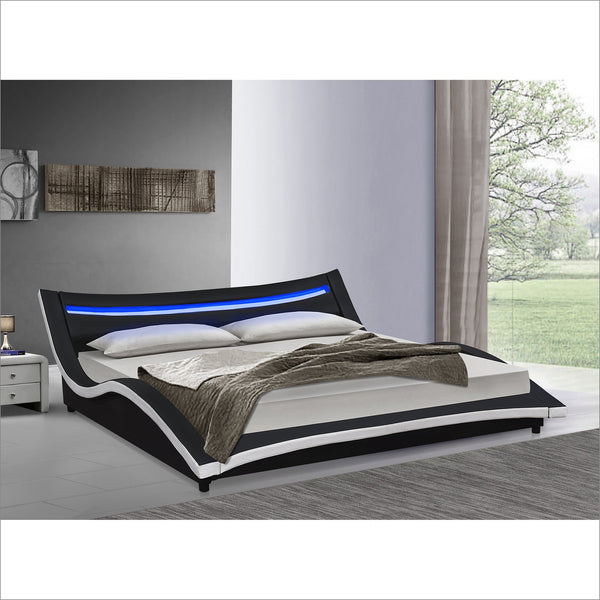 KALEEN Modern Designed Faux Leather Curved Bed with LED Headboard, Black