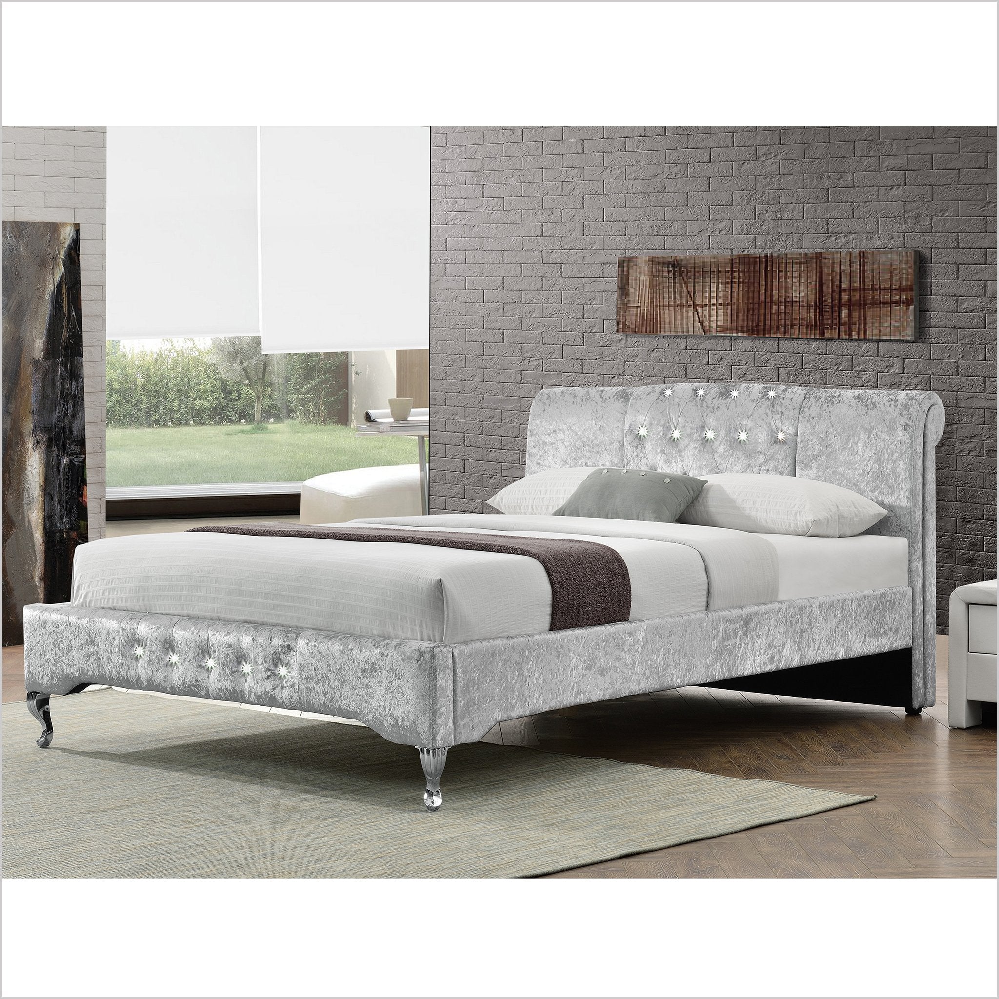 CHARA Diamante Headboard Luxury Crushed Velvet Bed Bed Frame, Silver