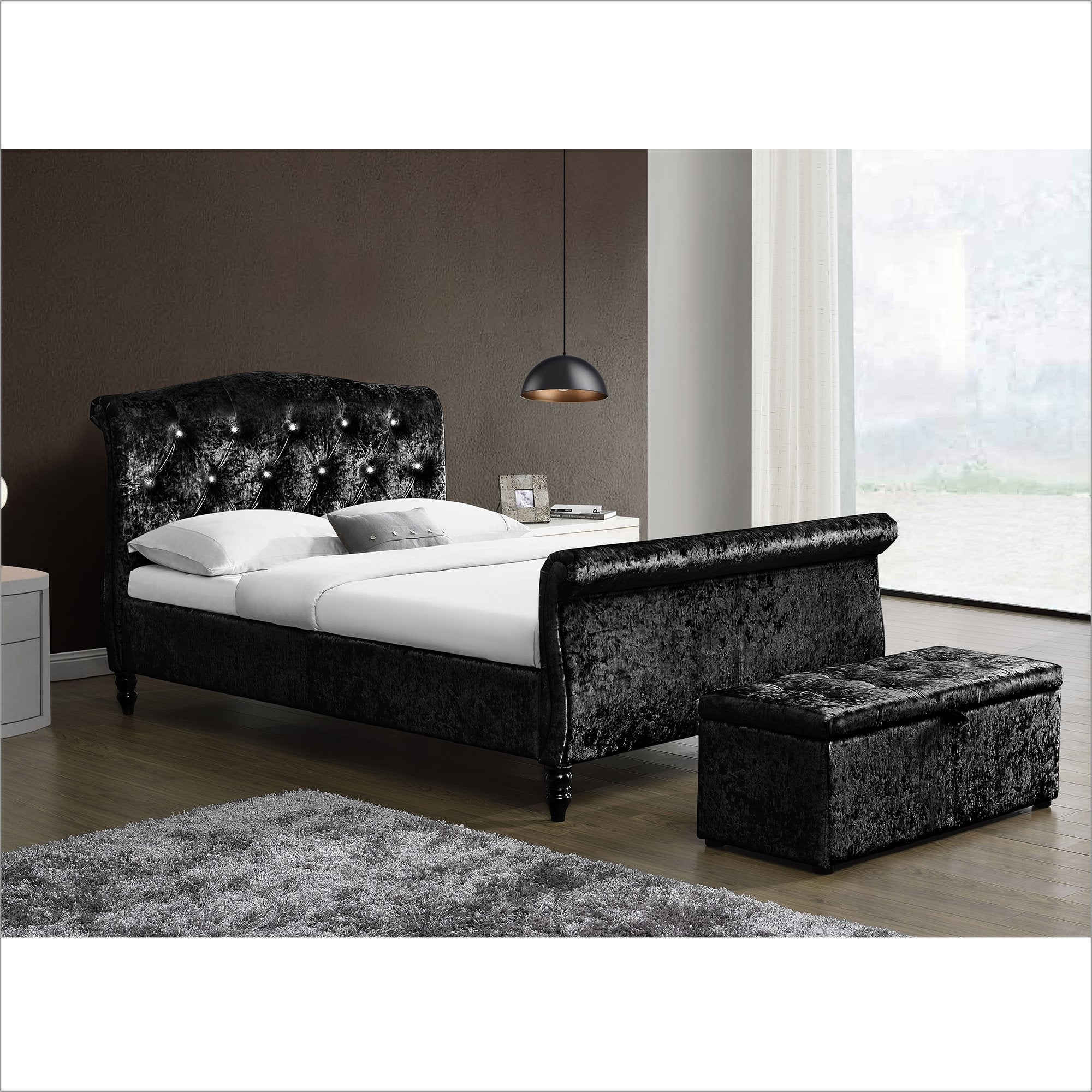 Crushed velvet bed clearance with diamante headboard