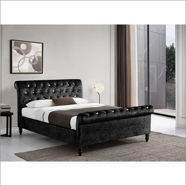 CAPELLA Chesterfield Diamante Champagne Crushed Velvet Sleigh Bed, Black