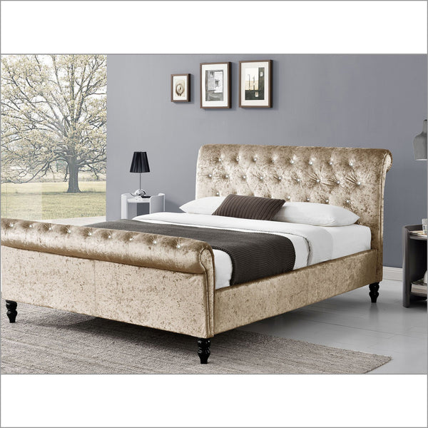 CAPELLA Chesterfield Diamante Champagne Crushed Velvet Sleigh Bed, Champagne