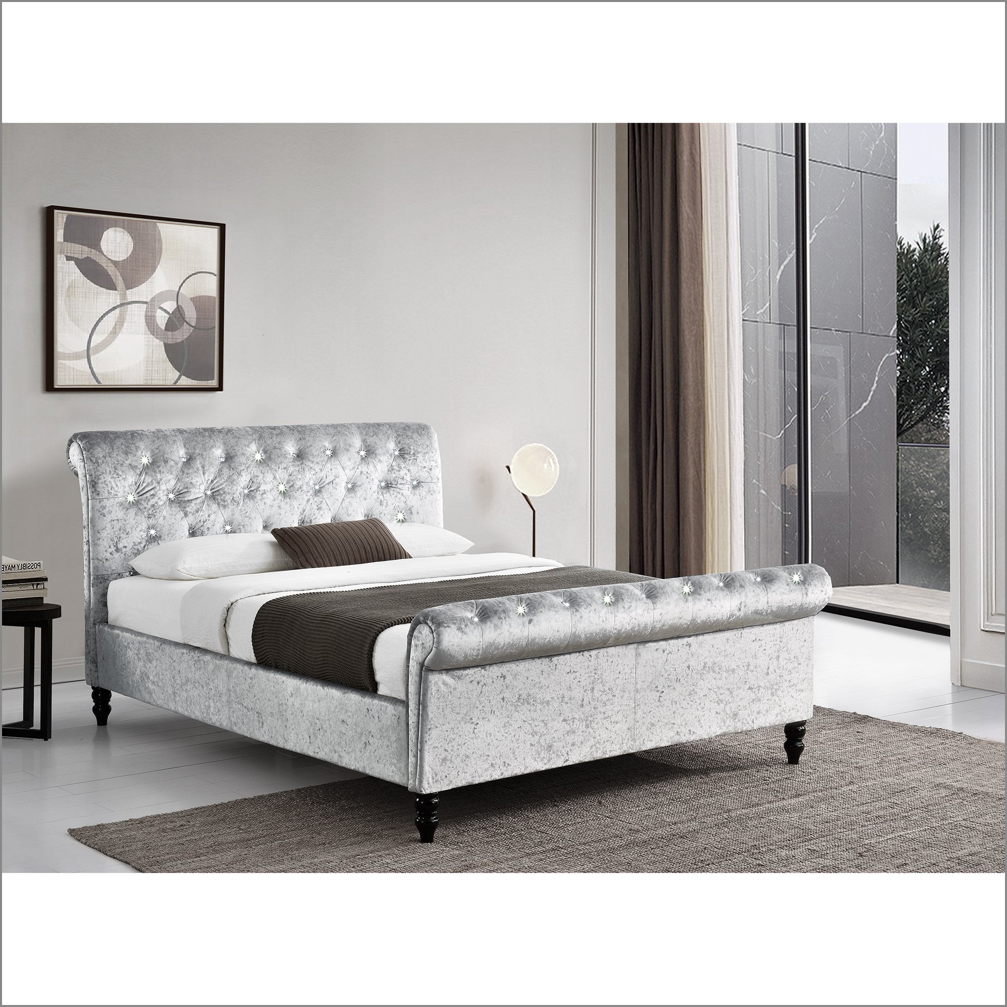 CAPELLA Chesterfield Diamante Champagne Crushed Velvet Sleigh Bed, Silver