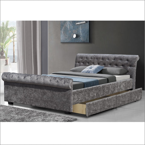 MAIA Luxurious Crushed Velvet Sleigh Bed with 4-Drawer Storage, Charcoal