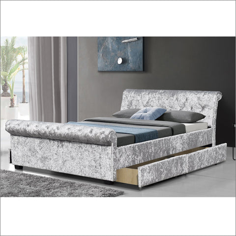 MAIA Luxurious Crushed Velvet Sleigh Bed with 4-Drawer Storage, Silver