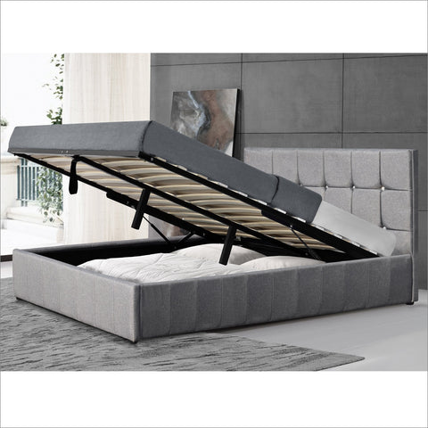 MIRA Gas-lift Storage Bed Ottoman Bed with Diamante Studded Headboard, Grey Fabric