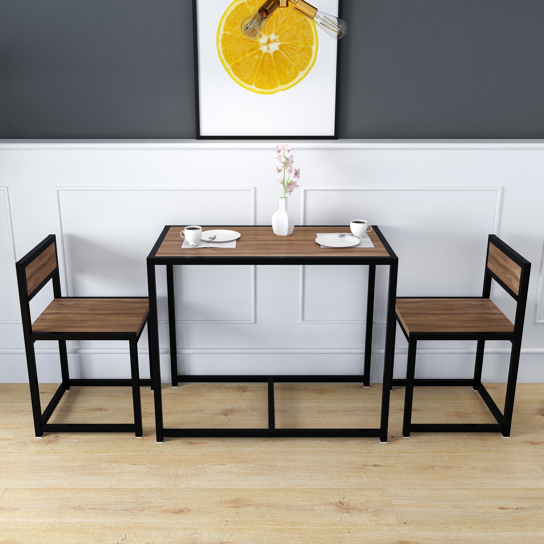 CLIVE 3-Piece Dining Table & Chairs Set in Walnut Colour with Black Steel Frame