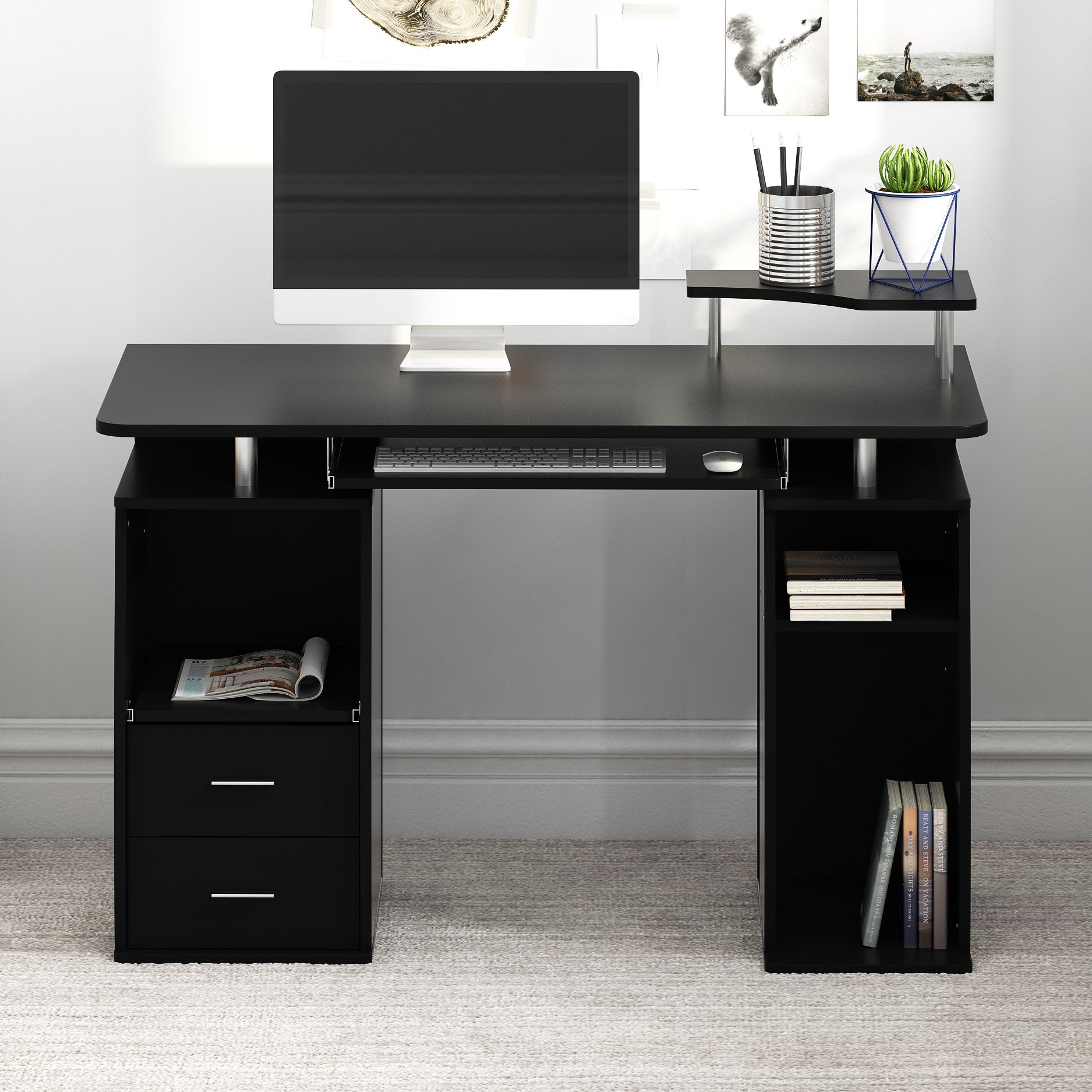 Computer Desk with Cupboard Drawers and Keyboard Tray, Black