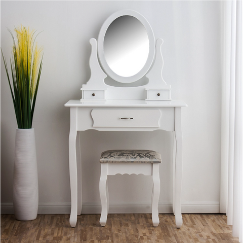 3-Drawer Makeup Dressing Table Set with Stool Oval Mirror & Stool